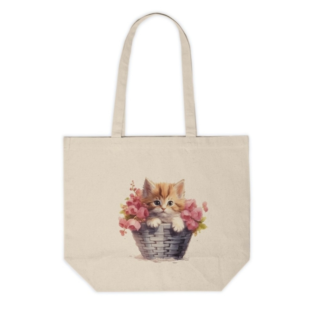 Floral Cat in a Basket Custom Canvas Tote Bag